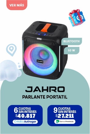 Jahro Parlante Portatil Bluetooth 50 W 6 cuotas sin interés $40.817 Crédito Authogar 9 cuotas sin interés $27.211 Banco Provincia